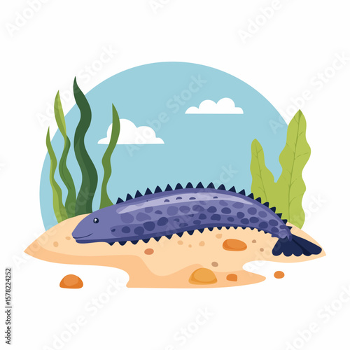 Cartoonish Underwater Scene Featuring a Spiked, Spotted, Purple Fish