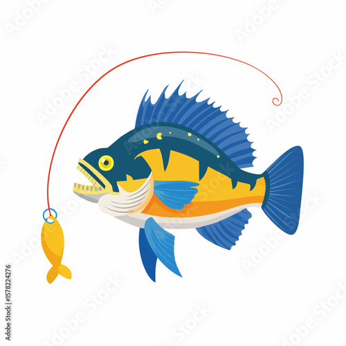 Colorful Fish with Fishing Lure, Ready to be Caught, Cartoon Style