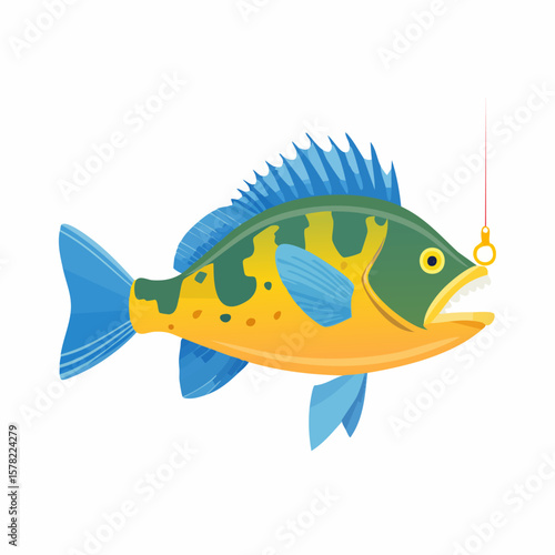 Colorful Cartoon Fish with Hook, Ready to Be Caught, Angling Concept.
