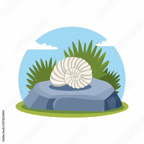 Detailed Illustration of a Fossilized Ammonite Resting on a Stone