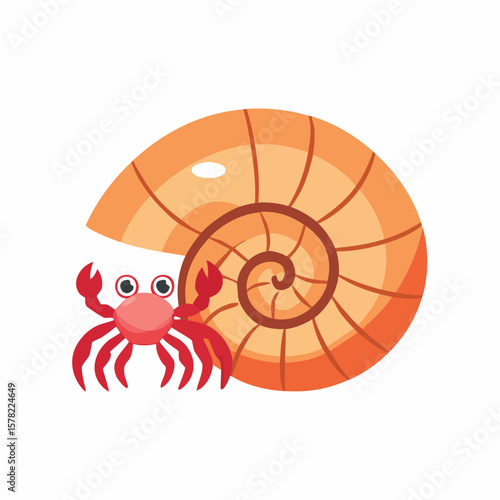 Cartoon Crab and Seashell Illustration with Bright Colors and Friendly Appearance