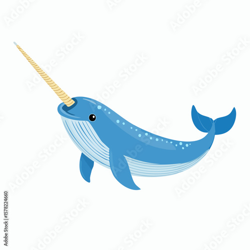 Cartoon Narwhal with Detailed Tusk and Blue Body Swimming Gracefully