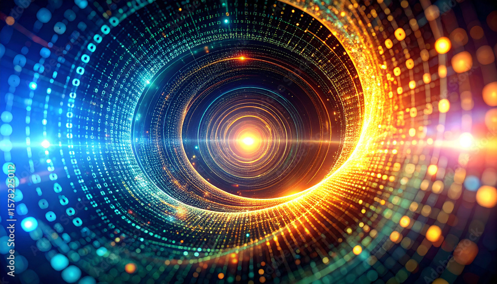 Fototapeta premium Digital Vortex: A mesmerizing swirling vortex of vibrant teal and gold energy, composed of intricate digital code, evokes a sense of futuristic technology and boundless potential.