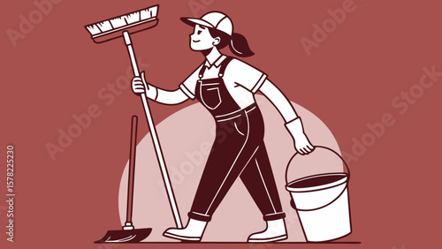 A cleaning service silhouette staff member holding cleaning tools in red background vector illustration. 
