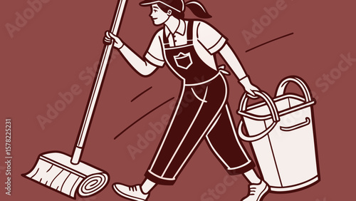 A cleaning service silhouette staff member holding cleaning tools in red background vector illustration. 