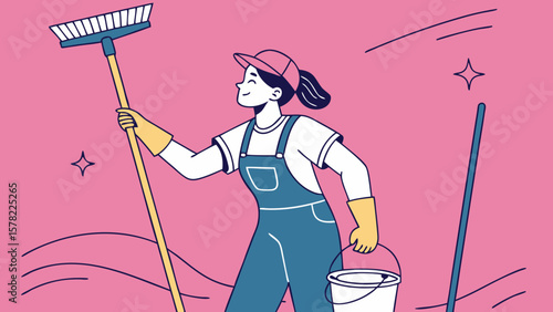 A cleaning service silhouette staff member holding cleaning tools in pink  vector illustration. 