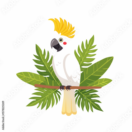 Charming White Cockatoo Perched on Branch with Lush Greenery.