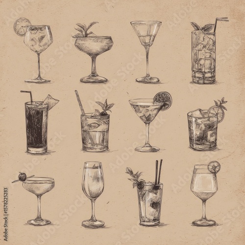 Elegant vintage style illustration of various cocktail drinks with garnish