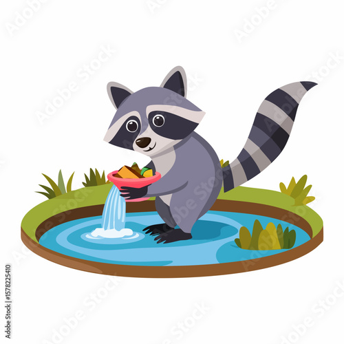Playful Raccoon Washing Food in a Pond with Animated Water Flow