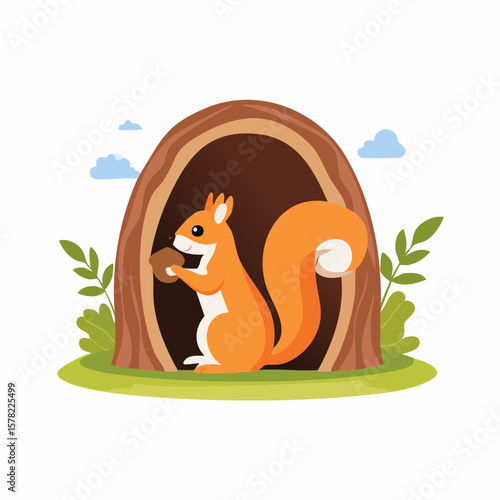 Playful Squirrel Holding Nut in Tree Hollow with Greenery and Clouds
