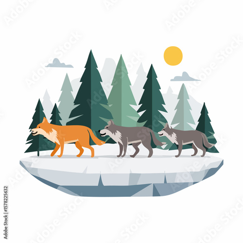 Three Wolves Trekking Through a Snowy Forest Landscape Under the Sun