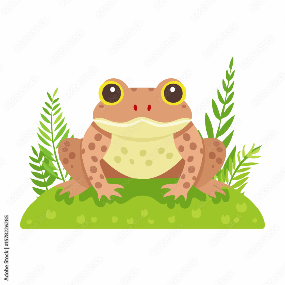 Naklejka premium Cartoon Frog with Big Eyes Sitting on Green Grass and Ferns