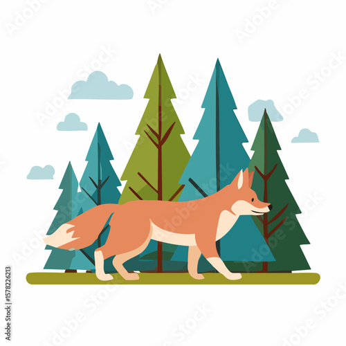 Stylized Fox Walking Through Forest with Colorful Trees and Clouds