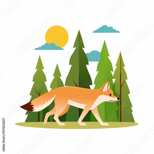 Animated Fox Walking Through Forest with Sun and Clouds.