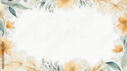 Floral watercolor frame, muted gold and teal