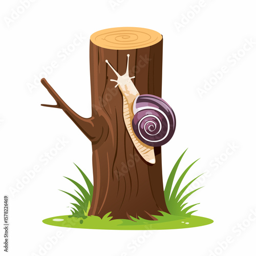 A Detailed Snail Climbing a Tree Stump with Green Grass