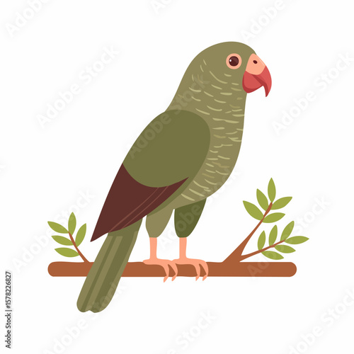 Stylized Parrot Perched on Branch with Olive Green Plumage and Red Beak