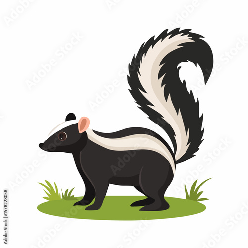 Cartoon Skunk with Distinctive Striped Tail on Green Grass