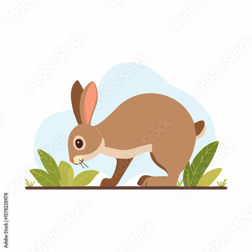A Curious Brown Rabbit Sniffing Green Leaves in a Meadow Scene.