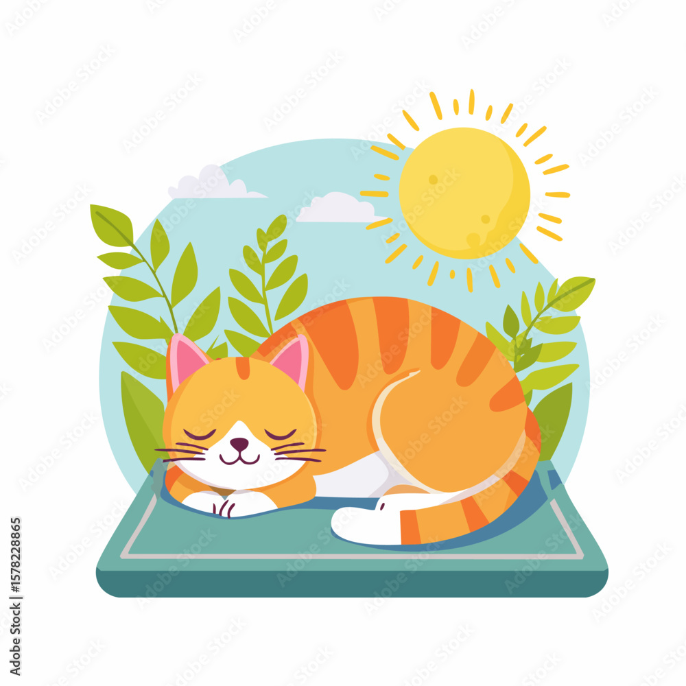 Fototapeta premium Peaceful Orange Tabby Cat Napping Under Sunny Sky and Greenery