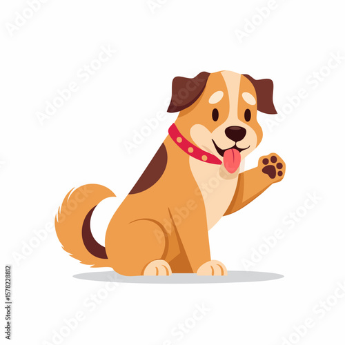 Cheerful Cartoon Dog with Red Collar Waving Paw and Smiling Happily