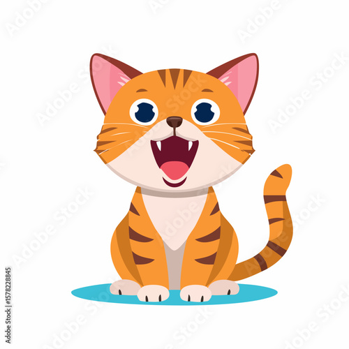 Cheerful Cartoon Cat with Open Mouth and Striped Fur, Sitting Happily