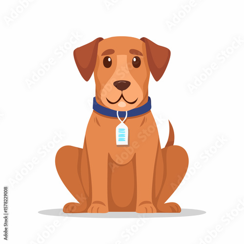 Friendly Cartoon Dog with Blue Collar and Tag, Sitting Patiently