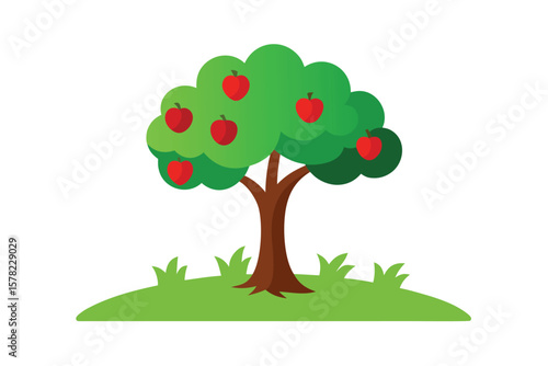 Graphic Of Apple Tree On The Meadow On White Background