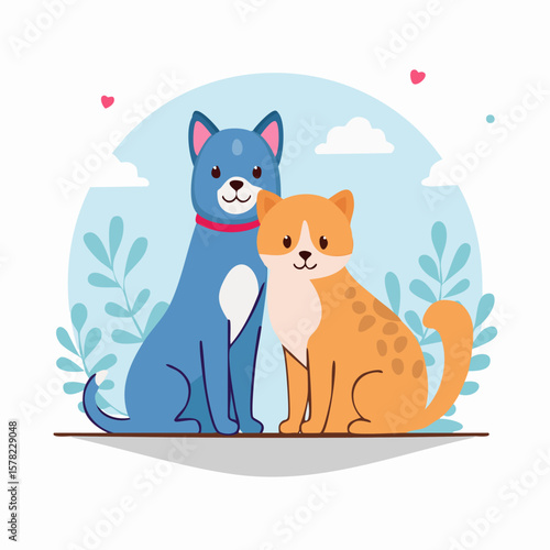 Adorable Cartoon Dog and Cat Companions Sitting Together with Love.