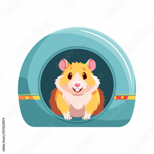 Cheerful Hamster Smiling Inside a Blue and Yellow Pet House