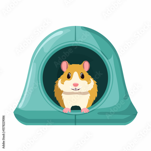 Adorable Hamster Peeking Out of a Teal-Colored Pet House