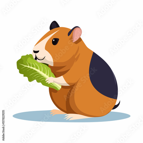 Adorable Guinea Pig Enjoying Fresh Lettuce, Cartoon Illustration Style