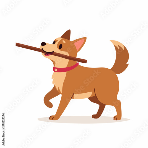 Playful Dog Carrying Stick, Joyfully Walking with Red Collar, Cartoon Illustration