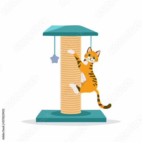 Playful Orange Tabby Cat Climbing a Teal Scratching Post with Star