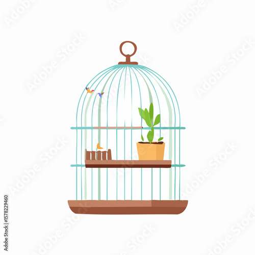 Colorful Birds and a Potted Plant Inside a Decorative Birdcage.