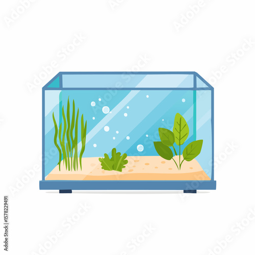 Cartoon Aquarium with Aquatic Plants and Bubbles, Ready for Fish