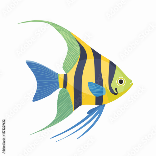 Striking Angelfish Illustration with Yellow and Black Stripes, Blue Fins