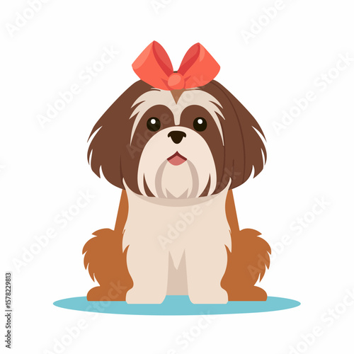 Adorable Shih Tzu Puppy with a Red Bow, Sitting Patiently, Smiling.