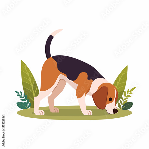 A Curious Beagle Sniffing the Ground Amidst Greenery