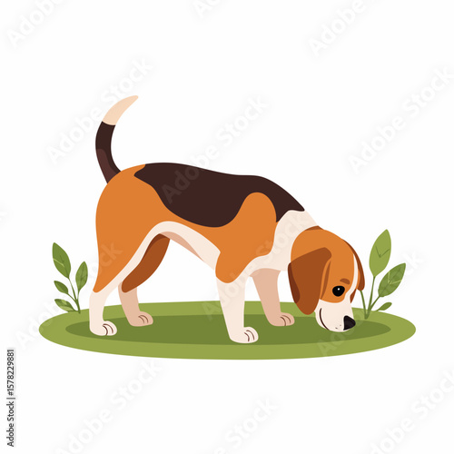 Beagle Dog Sniffing Ground with Green Grass and Leaves Illustration