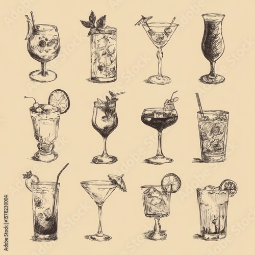 Various vintage cocktail sketches with garnish elements against beige background