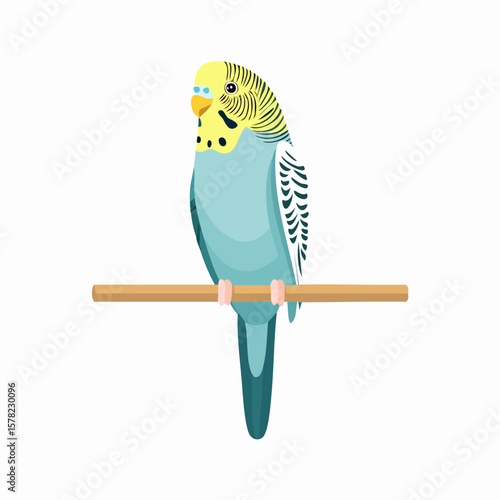A Vibrant Cartoon Budgerigar Perched on a Wooden Branch, Isolated.