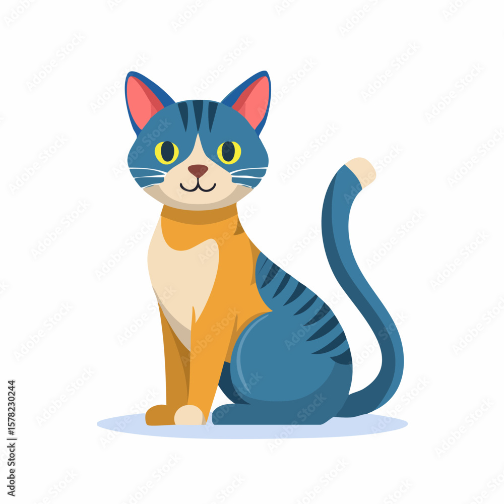 Fototapeta premium Playful Cartoon Cat with Blue and Orange Fur, Sitting and Smiling