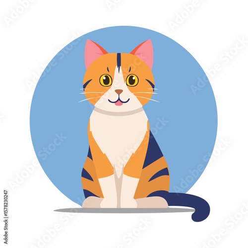 Adorable Cartoon Cat with Orange and Blue Stripes, Sitting Patiently, Smiling.