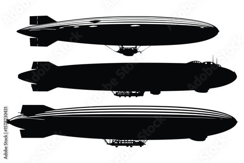set of airship silhouette illustrations in black, featuring zeppelins and dirigibles on white background