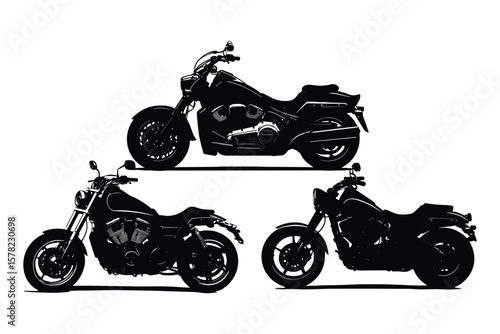 set of motorcycle silhouette illustrations in black, featuring classic and cruiser motorbikes on white background