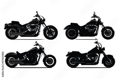 variety of motorcycle silhouette illustrations in black, featuring sport and cruiser bikes on white background
