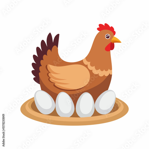 Cartoon Hen Sitting on Nest with Four White Eggs, Ready to Hatch
