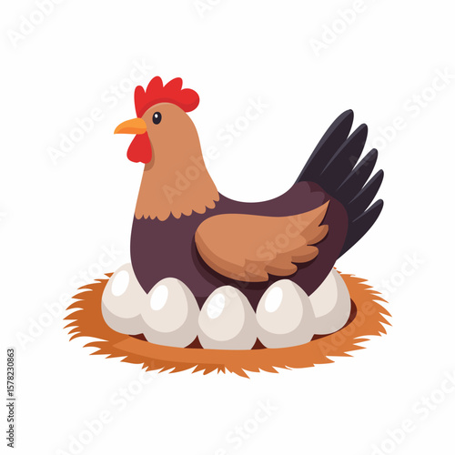Cartoon Hen Nesting on Eggs, Symbolizing New Life and Fertility