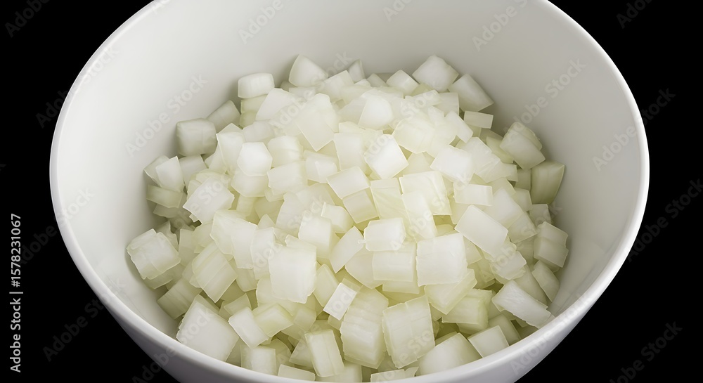 Freshly Diced White Onions in a White Bowl Against Black Background Freshly Diced White Onions in a White Bowl Against Black Background